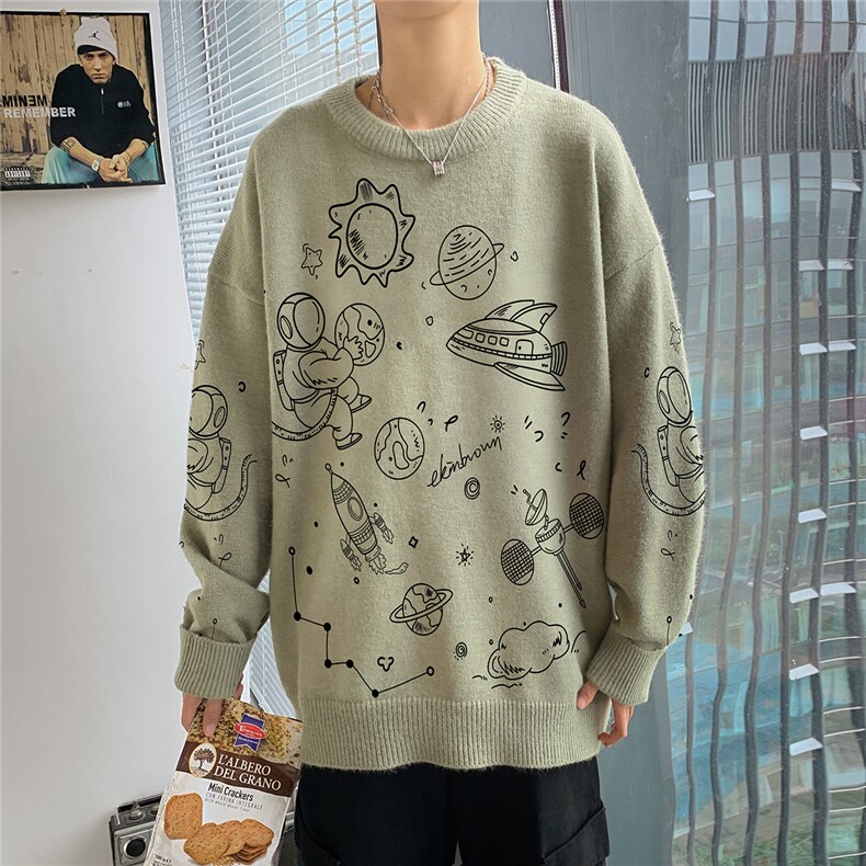 1港风新款宽松休闲中性情侣圆领潮流印花毛衣男外套7804P55加绒70,男装针织衫/毛衣,星座226-2