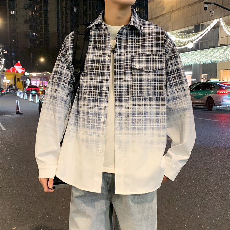春季新款渐变晕染流动感格纹衬衫C0559-P58,男装衬衫,星座308B-2