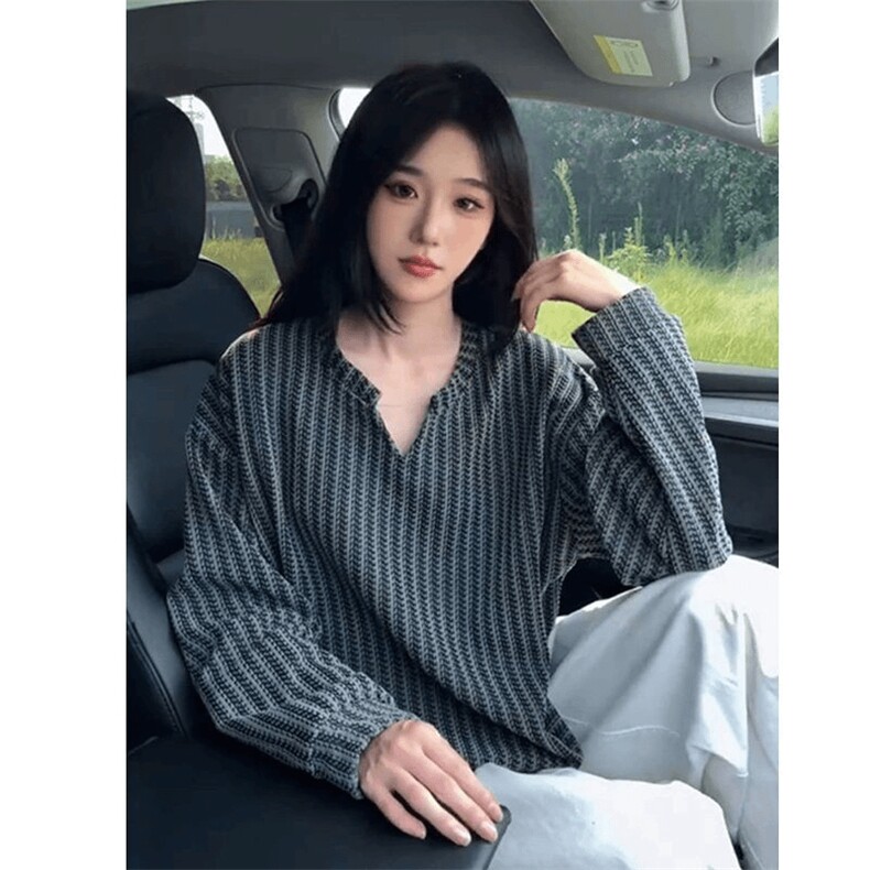美式高街千鸟格子长袖T恤男女亨利V领英伦雅痞休闲宽松长袖打底衫图片