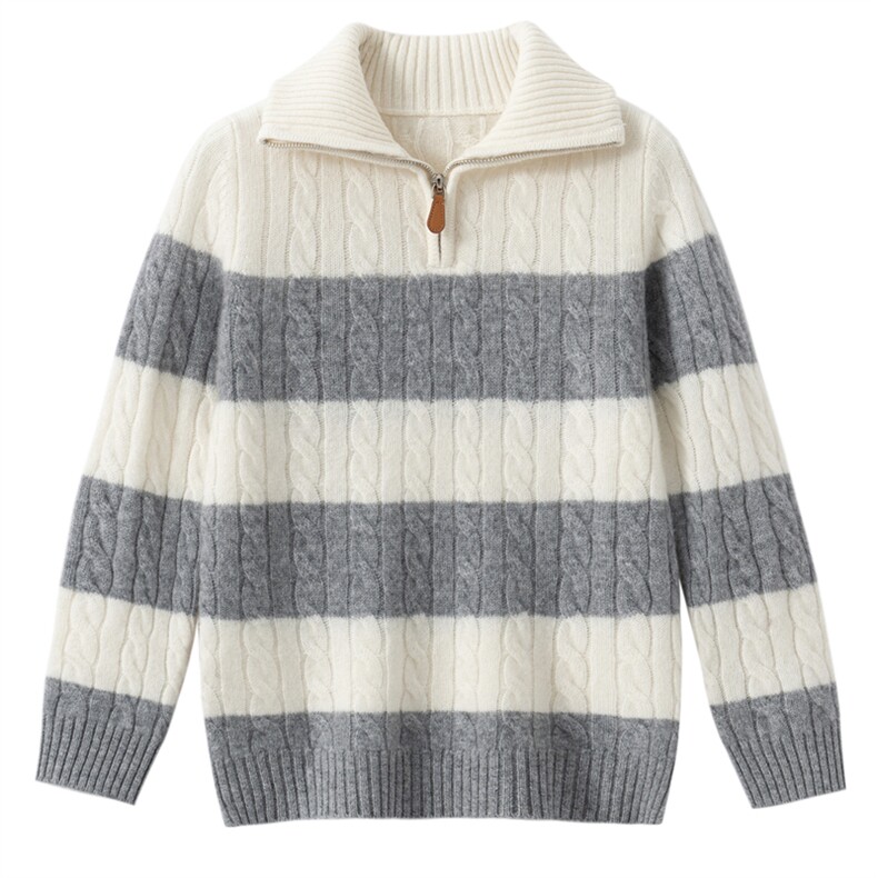 2025时尚百搭通勤简约休闲拼色绞花半开拉链，童装儿童羊绒衫，奥赛羊绒童装