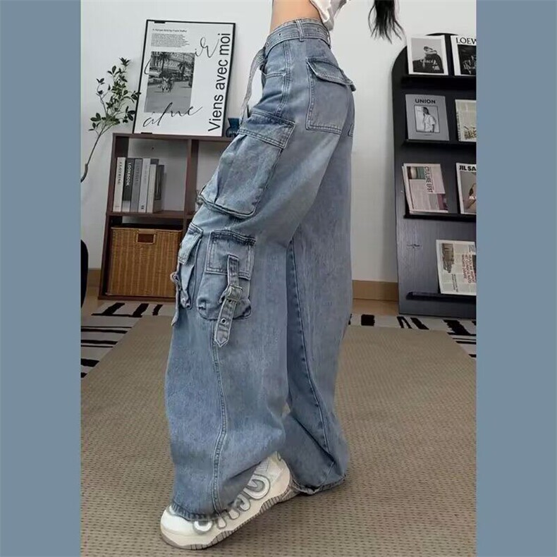 美式vibe复古浅蓝色渐变多口袋工装牛仔裤男女春秋设计感垂感拖地,男装牛仔裤,星座506A
