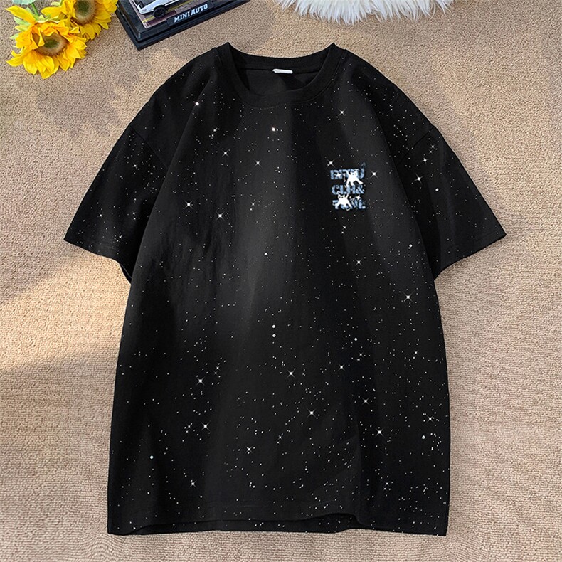 可48小时发货支持抖音得物来样二开美式满天星亮片短袖T恤MTX667,男装T恤,电商A486-1