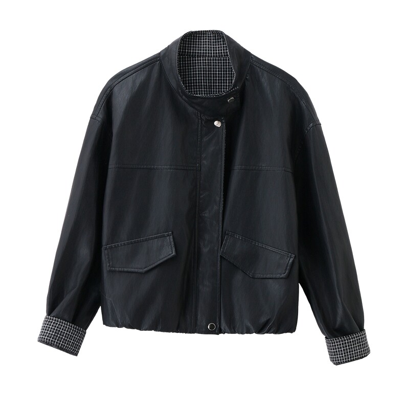 已出货春装新品格纹拼接皮衣外套女短款时尚休闲显瘦机车服长袖,女装皮衣,吾爱衣