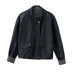 已出货春装新品格纹拼接皮衣外套女短款时尚休闲显瘦机车服长袖，女装皮衣，吾爱衣