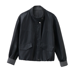 已出货春装新品 格纹拼接皮衣外套女短款时尚休闲显瘦机车服长袖图片