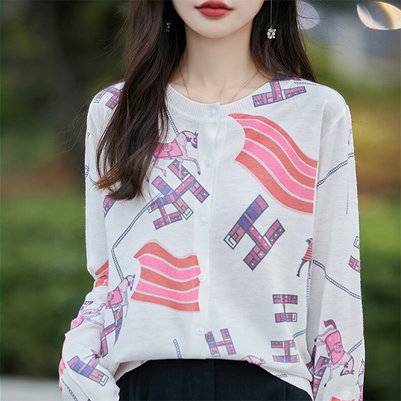 高级感小香风印花精纺羊毛针织开衫女圆领2024薄款防晒上衣空调衫,女装羊毛衫,朝贺羊绒