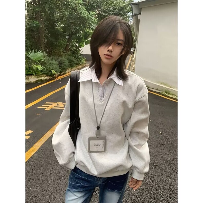 假两件卫衣男秋冬校园风拼接设计感长袖外套复古小众简约情侣上衣,男装Polo衫,电商B323A