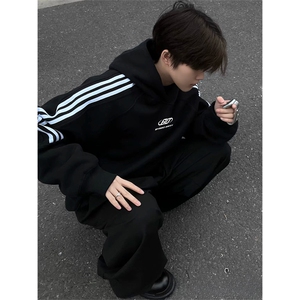 抖音得物品质480克全棉加绒织带连帽印花卫衣三条杠针织卫衣A0413