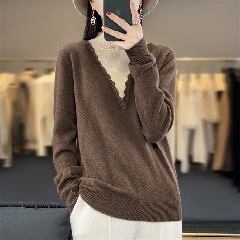 长袖套头花边领拼色2024年秋季简约羊毛针织衫,女装羊毛衫,盛鼎羊绒