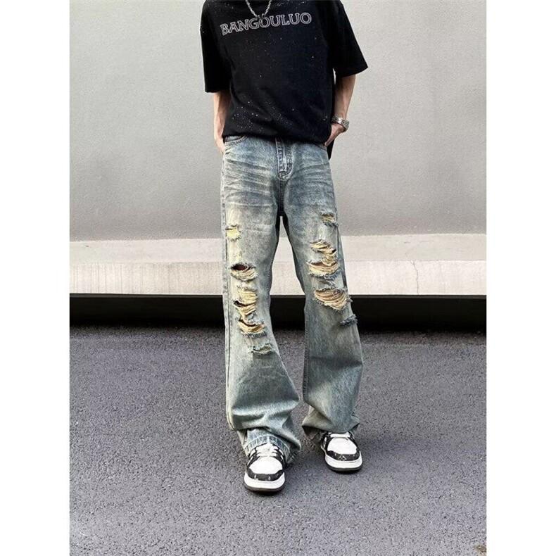美式复古小众破洞牛仔裤高街设计感百搭痞帅直筒裤KZ39118--TP40，男装牛仔裤，电商A247C