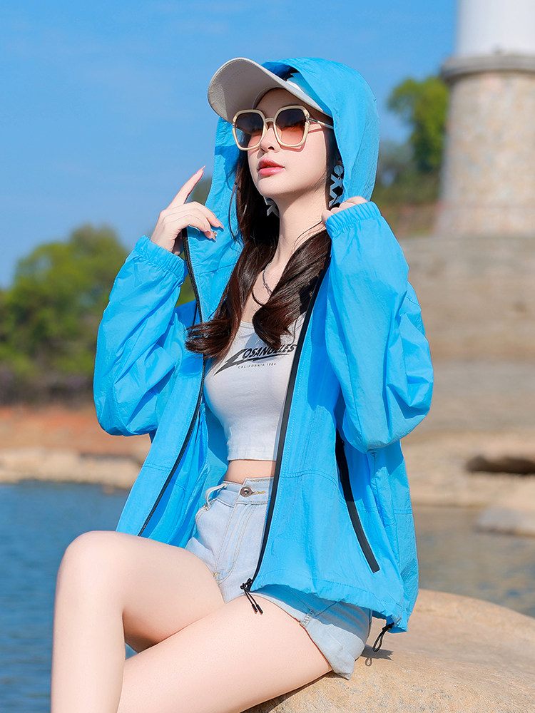 欧货2025夏季新款时尚宽松显瘦连帽防晒衣外套女纯色薄款透气上衣,女装防晒衣,可可小西