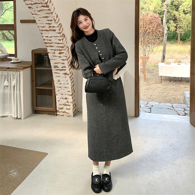 新款现货主推珠片毛呢拼接花边套装9892-P195-K268,女装套装/套裙,2C129