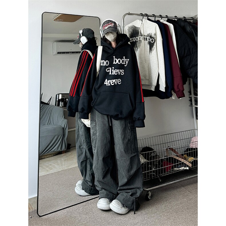 抖音得物供货提供视频秋冬重磅美式宽松织带连帽卫衣2315,男装卫衣,电商A486