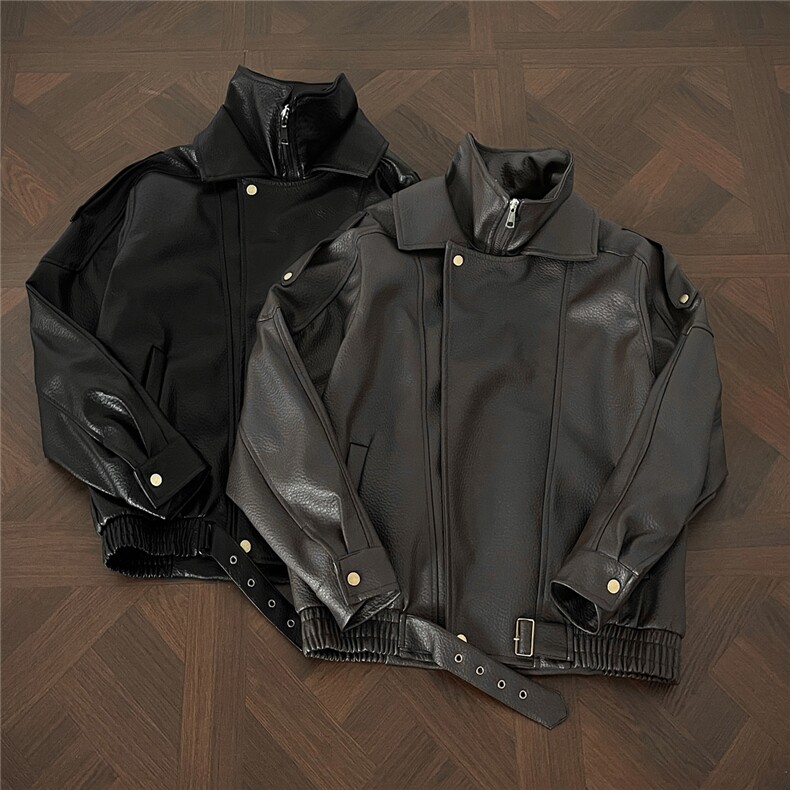 荔枝纹双层领廓形大码M-5XL机车面层PU皮衣JK78095特P118控，男装皮衣，星座227-7