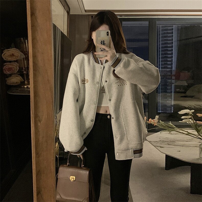 C866-P100美式复古灰色棒球服外套女春秋宽松字母刺绣夹克上衣,男装夹克,星座911-2(原星座613-2）
