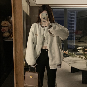 C866-P100美式复古灰色棒球服外套女春秋宽松字母刺绣夹克上衣图片