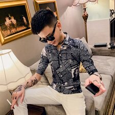 312A-801-P45夏季五分袖小码衬衫修身报纸印花网红潮流中袖，男装衬衫，星座312A