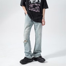 牛仔裤破洞男美式宽松新款潮流夏季街头时尚直筒休闲裤RK649-P62，男装牛仔裤，星座412-3
