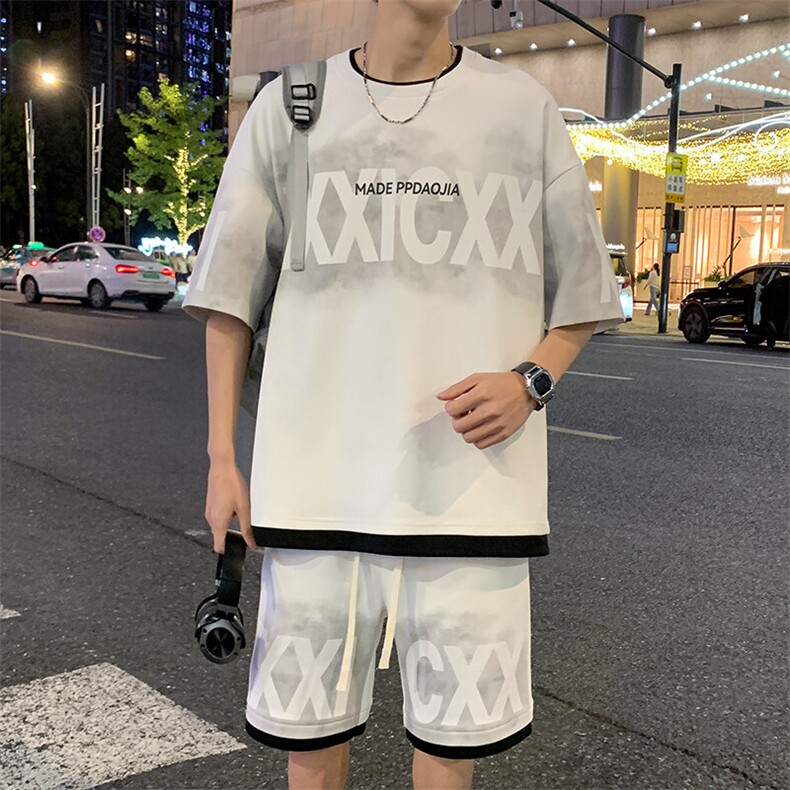 特批P50无差价夏新假菠萝格假两件字母印花设计感五分套装男TZ322图片