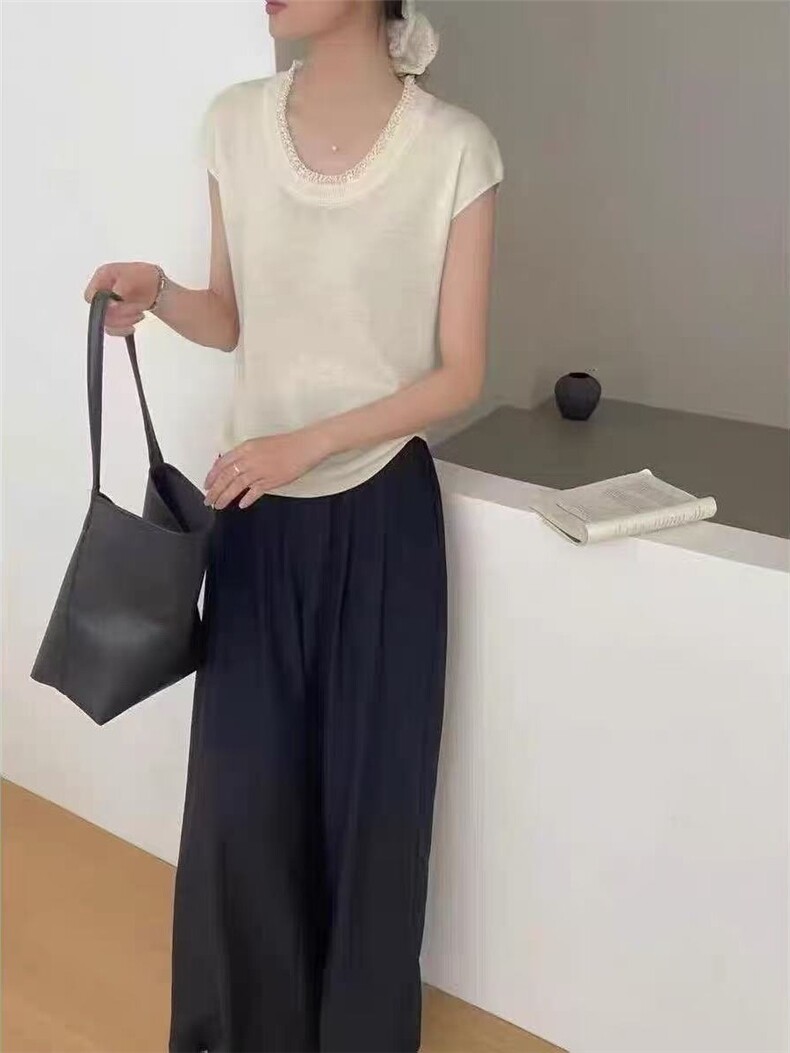 2025年夏季薄款简约U领蕾丝拼接短袖,女装T恤,圣旺供货