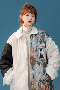1中性风刺绣拼接翻领羊羔毛大码M-5XL棉服外套女8723P110控148图片