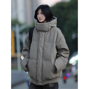 现货5W件冬季三防重磅boxy短款羽绒连帽PU皮棉衣外套防风加厚棉服图片