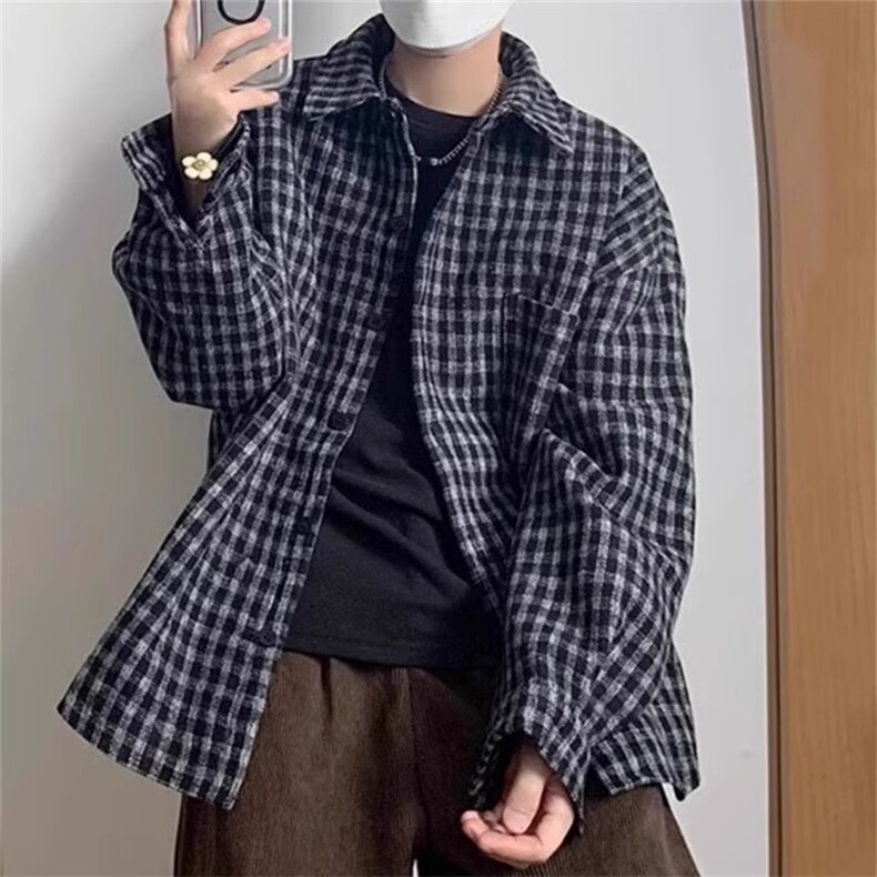 cityboy棕色格子长袖衬衫男小众高级感oversize衬衣外套CSJ20,男装衬衫,星座516A