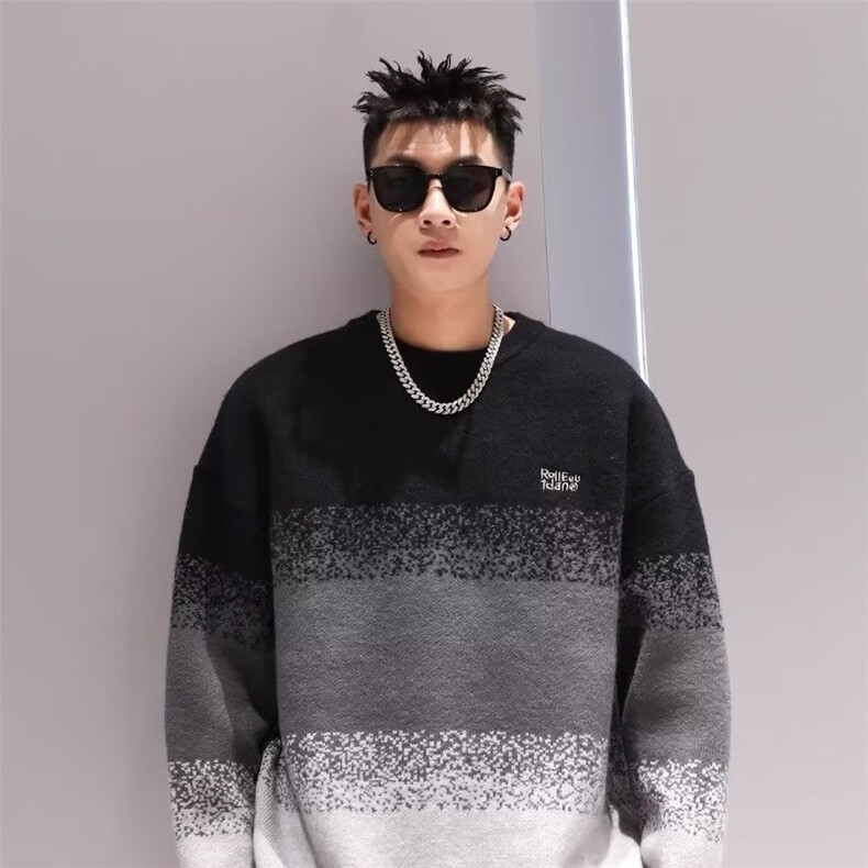 美式复古花纹渐变撞色圆领针织衫男士秋冬外穿内搭男士打底衫毛衣，男装针织衫/毛衣，星座506A