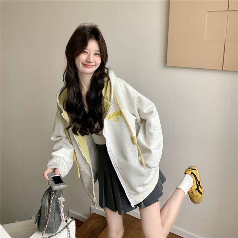 现货2026春秋季连帽外套女针织撞色可爱风学生休闲百搭外套，女装卫衣/绒衫，网红馆