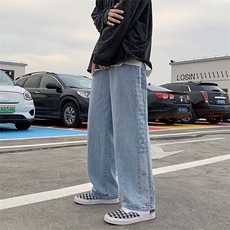 美式高街牛仔裤男秋冬季侧排扣直筒裤子潮牌格子阔腿裤NK419-P40，男装牛仔裤，星座1008-1