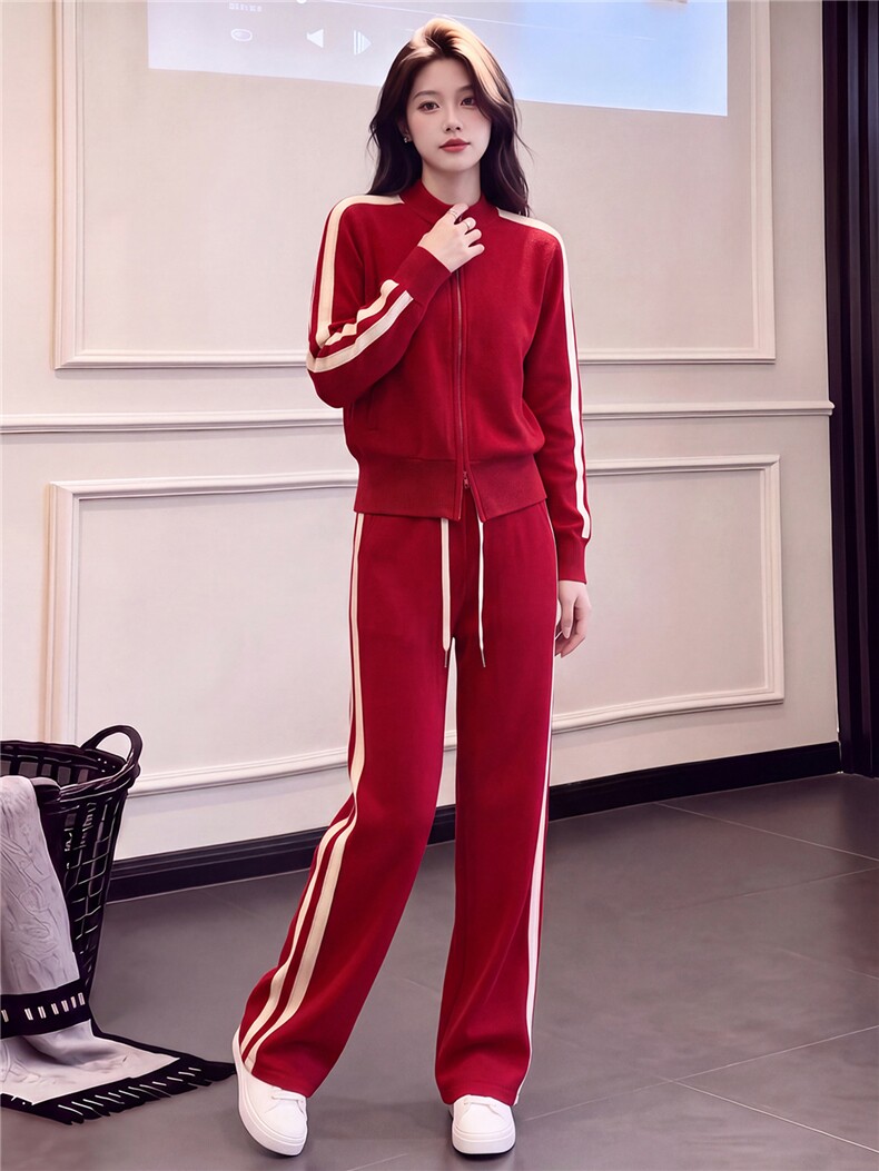 纯色运动套装女秋季新款时尚洋气高端拉链卫衣休闲阔腿长裤两件套,女装套装/套裙,江南