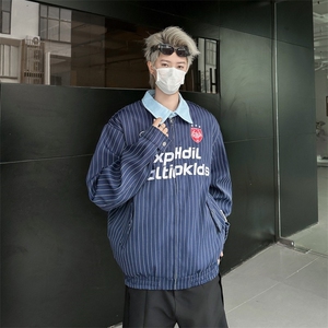 美式复古外套男春秋宽松白色条纹棒球服翻领夹克图片