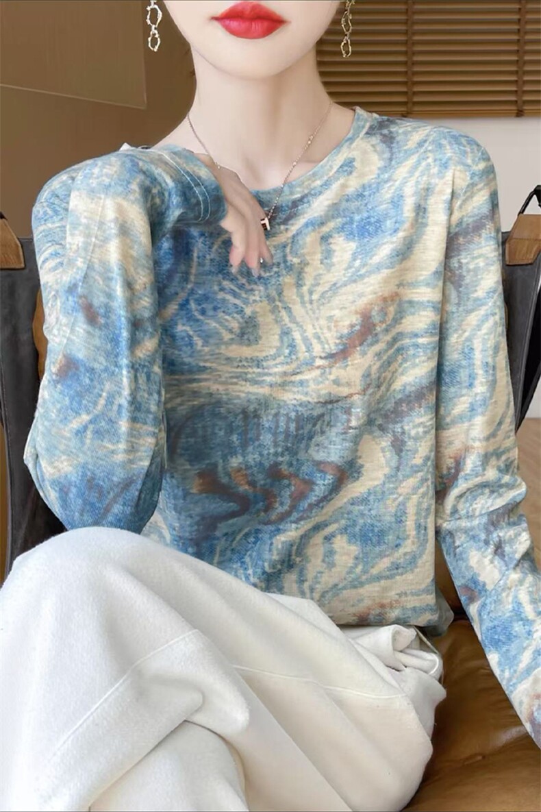2025春季新款水溶印花长袖T恤针织打底衫女圆领薄款上衣防晒内搭,女装T恤,萱芳婷羊绒