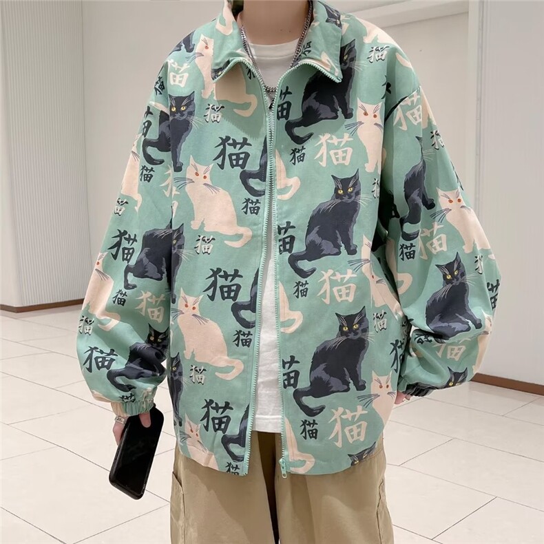 港风秋款男双层夹克猫咪汉字印花休闲外套JK961P45,男装夹克,星座1013-1