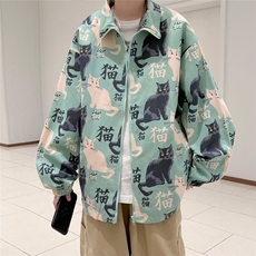 港风秋款男双层夹克猫咪汉字印花休闲外套JK961P45，男装夹克，星座1013-1