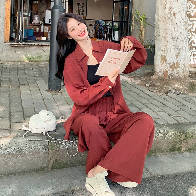 红衬衫套装裤女春秋2025新款韩系减龄穿搭松弛感休闲两件套,女装套装/套裙,2C301