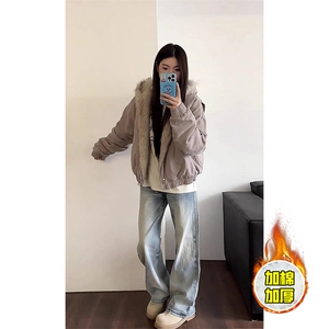 现货高品质美式高街冬季重磅硬挺短款座山雕毛领棉衣男女加厚外套图片