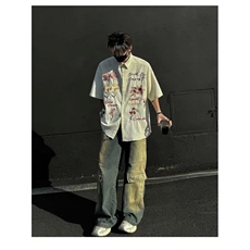 2025美式重磅彩色花卉刺绣短袖衬衫男女夏季街头痞帅宽松休闲衬衣，男装衬衫，星座506A