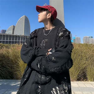 美式破洞假两件毛衣男女宽松百搭oversize针织衫上衣MY9122-P58图片