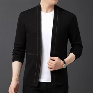 男春秋季新款2022商务休闲男士外套宽松中年长袖羊毛纯色上衣服图片