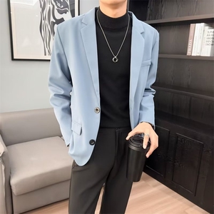 轻熟风免烫小西装男士韩版早秋潮流帅s黑色休闲商务西服外套 Y70图片