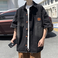 得物品质夏男短袖牛仔衬衫水洗字母刺绣喷漆衬衣CS983P55，男装衬衫，星座1013-1