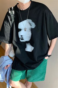 2024年新款男士宽松港风人脸抽象印花大码T恤 A071-5520-P28图片