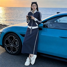 高级时尚休闲套装女春季订珠拼接色拉链开衫卫衣长半身裙两件套潮，女装套装/套裙，江南