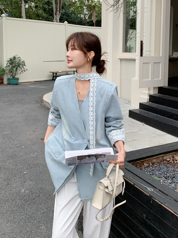 蓝色蕾丝拼接飘带牛仔外套女春秋2025新款独特漂亮休闲V领小西装,女装短外套,浙宝128A
