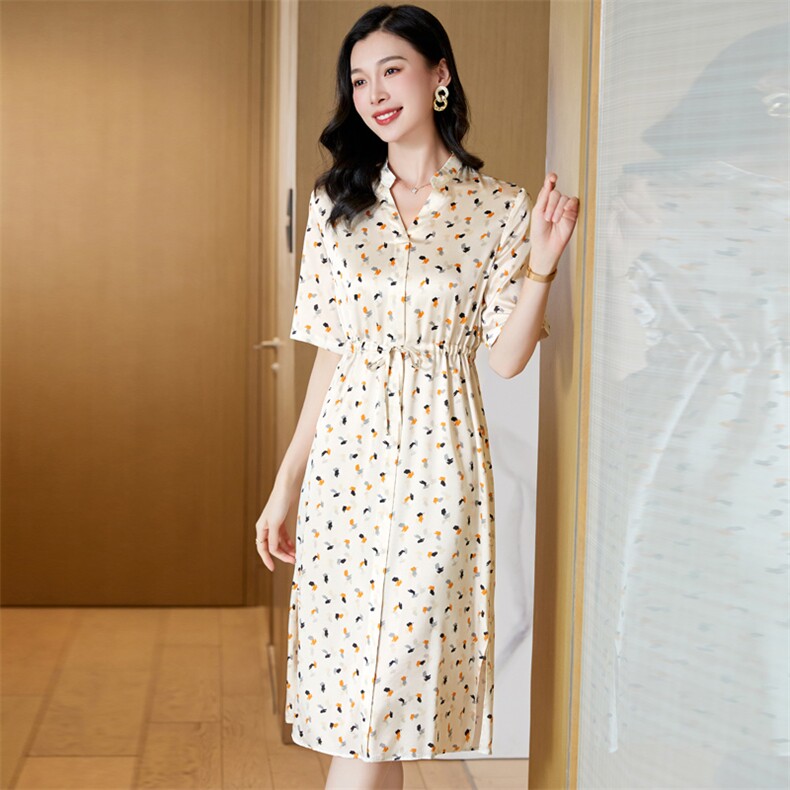 杭州真丝桑蚕丝连衣裙女2025年夏季新款气质高端精致收腰品牌碎花,女装连衣裙,阿舍尔精品