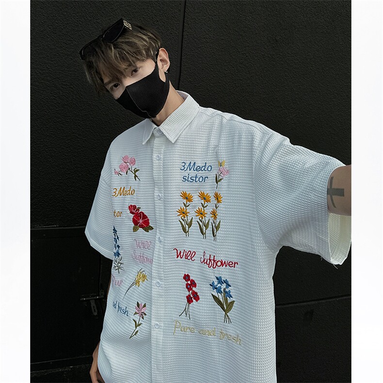 CS09-P50夏季男女同款刺绣休闲短袖衬衫宽松半袖寸衣百搭上衣，男装衬衫，电商B327