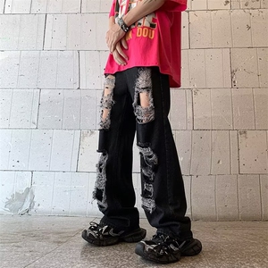 美式高街破洞牛仔裤男夏季高腰直筒宽松显瘦流苏感阔腿拖地裤图片