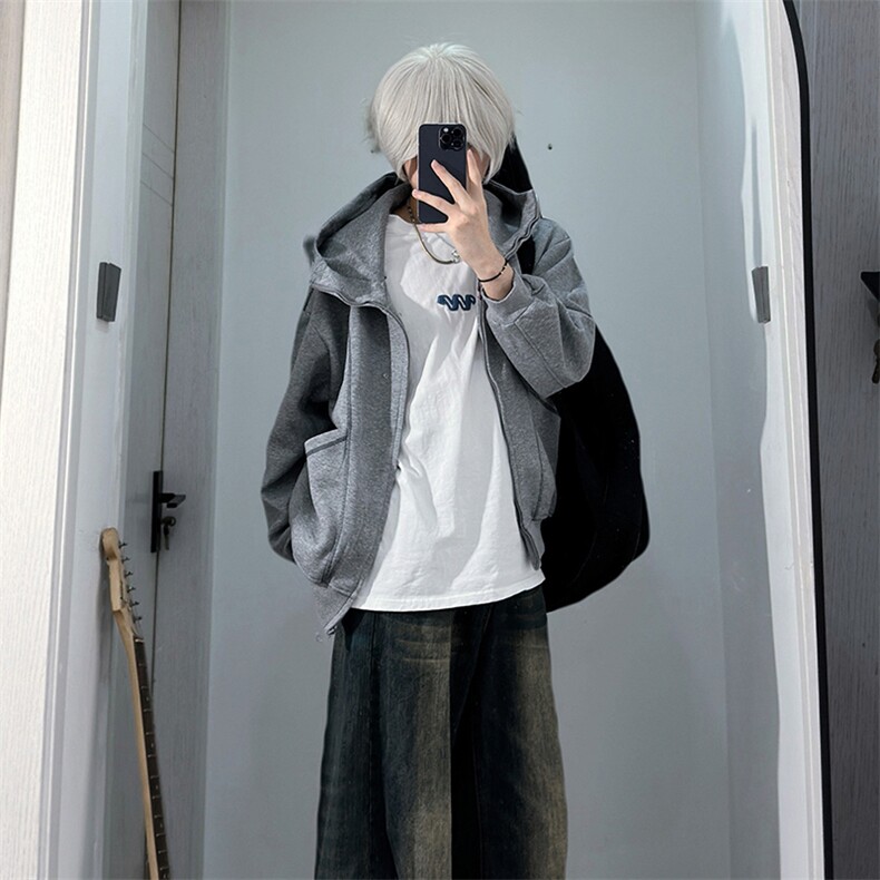 抖音得物高品质秋冬美式高街重磅结构辑明线纹理连帽卫衣外套W111图片
