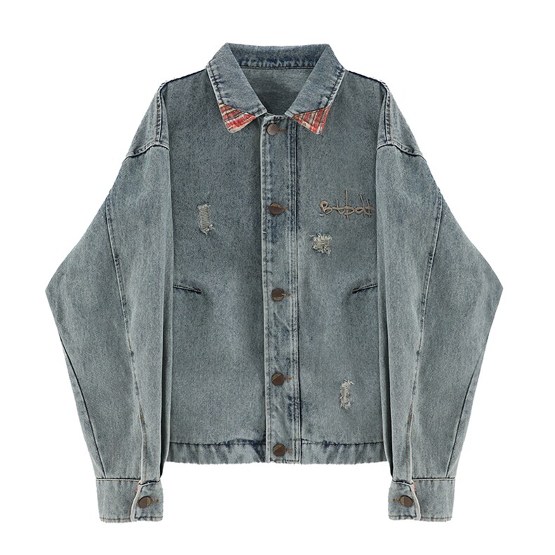 25新款春秋美式做旧格子撞色水洗牛仔外套男女百搭设潮牌宽松夹，男装工装外套，星座505-2（原电商A260-1)